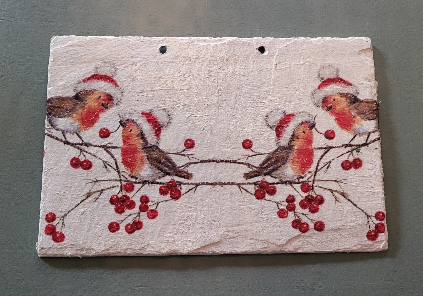 Wanddecoratie met roodborstjes met kerstmutsen